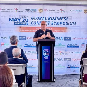 Supervisor Curt Hagman speaks at the Global Business Connect Symposium at Ontario International Airport.