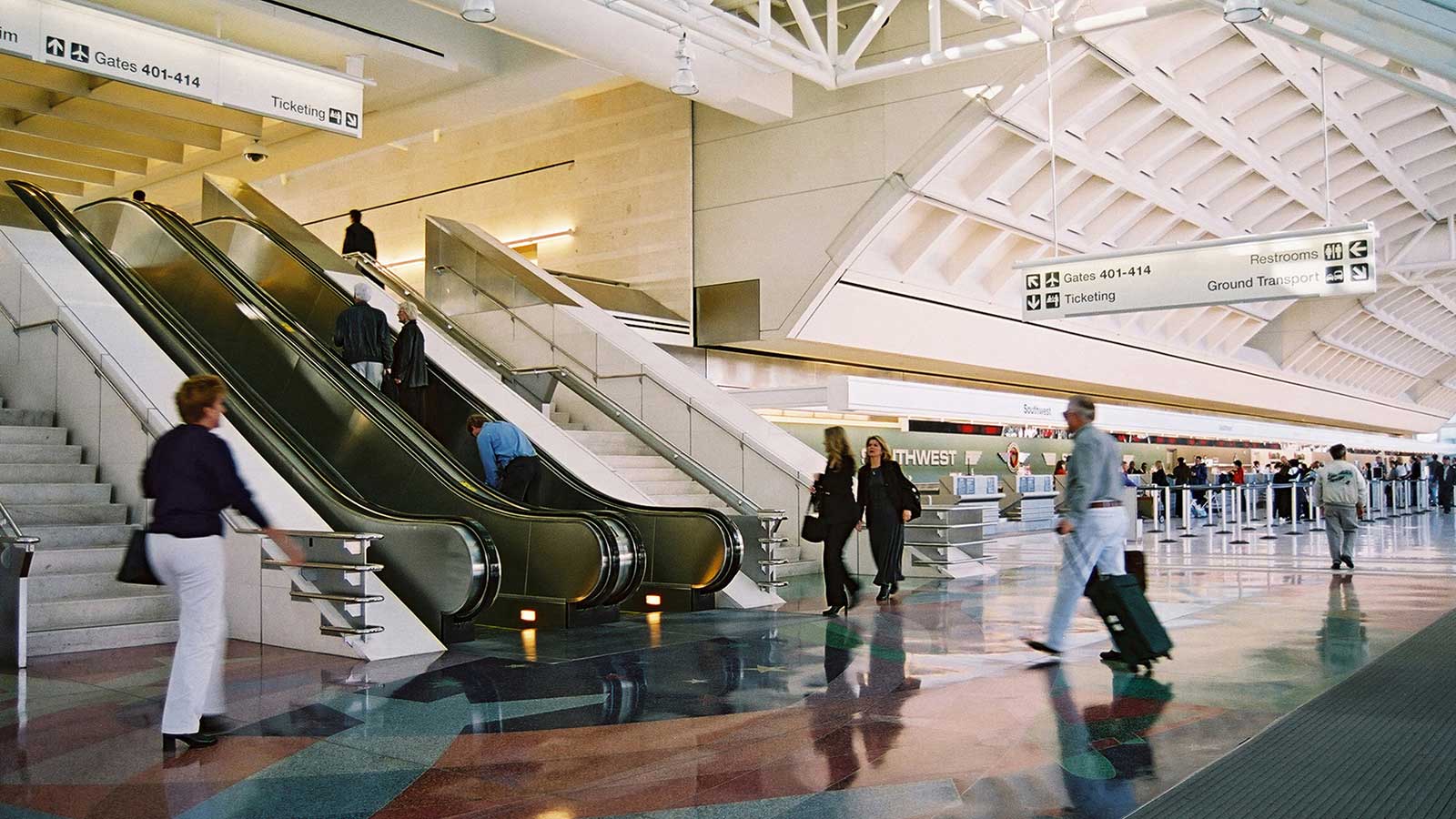 Ontario Airport ticketing counters and escalators