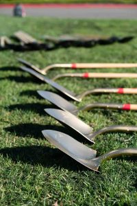 A row of shovels laying on the grass