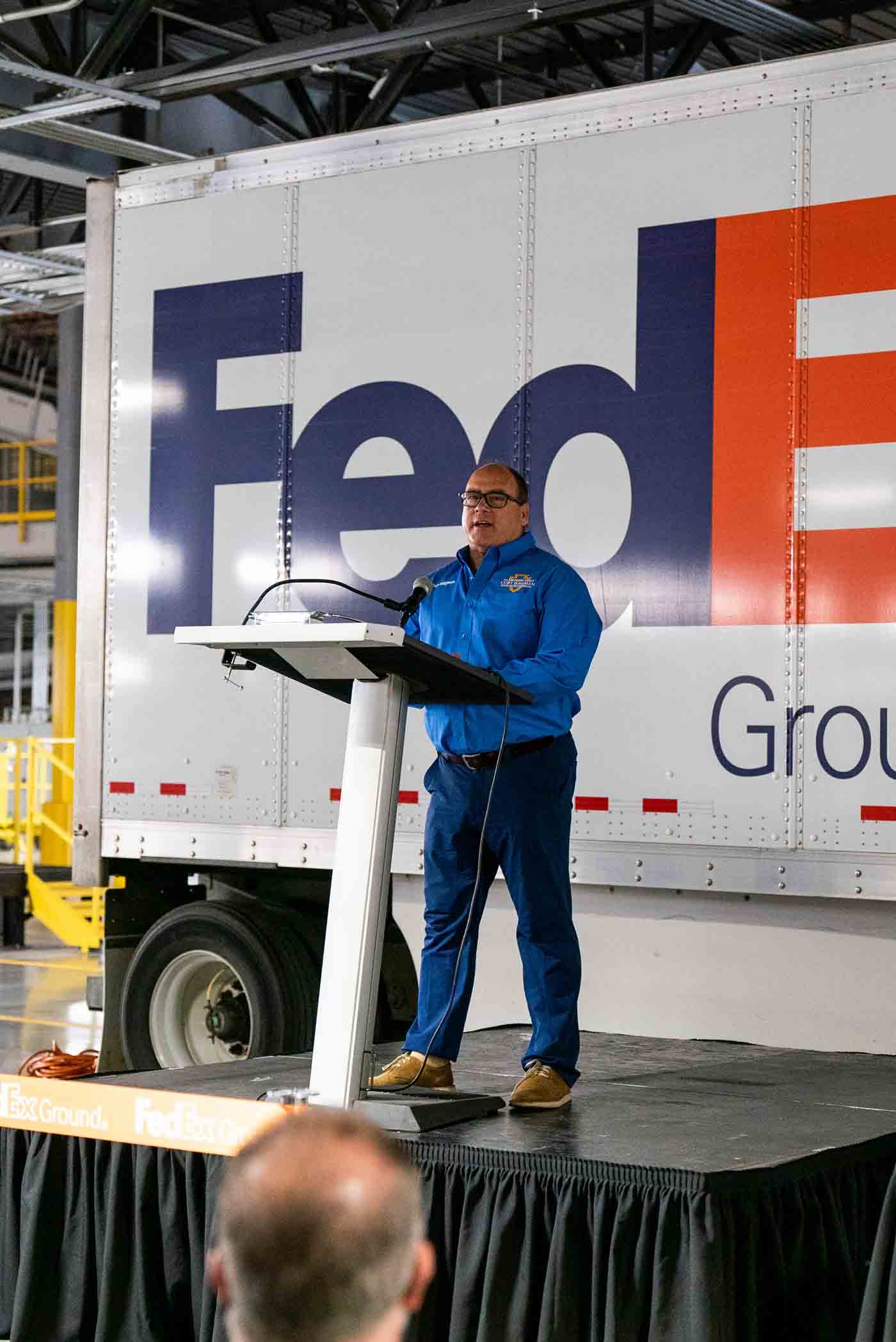 Supervisor Hagman speaking at the grand opening of the new Chino FedEx Ground facility