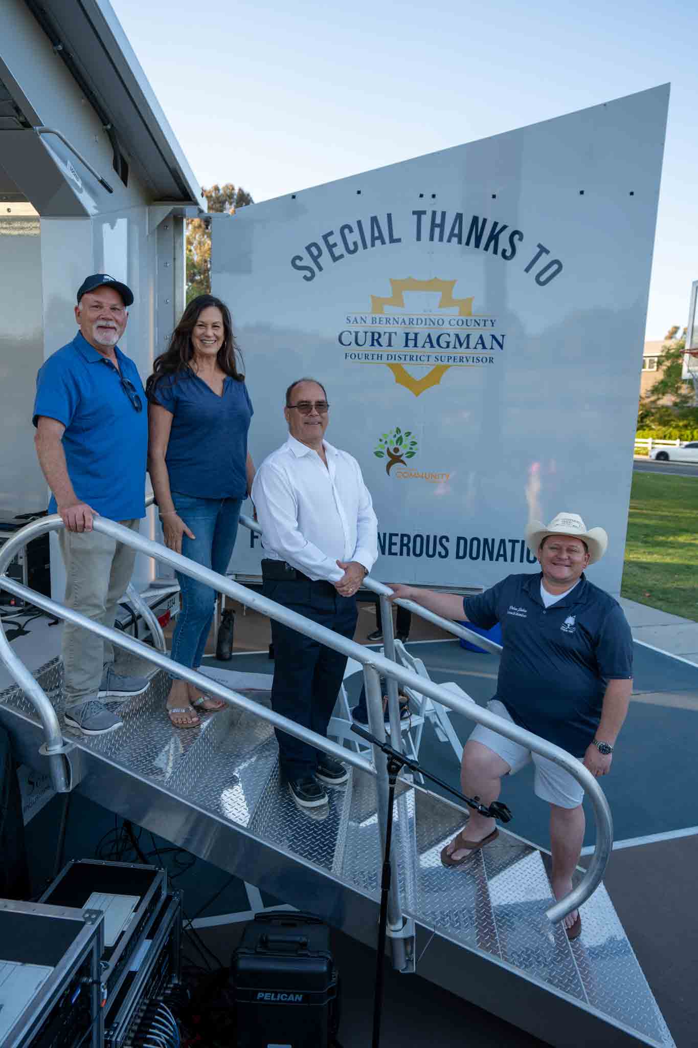 Chino Hills Councilmembers with Supervisor Curt Hagman in front of the special thanks to Curt Hagman for his generous donation sign.