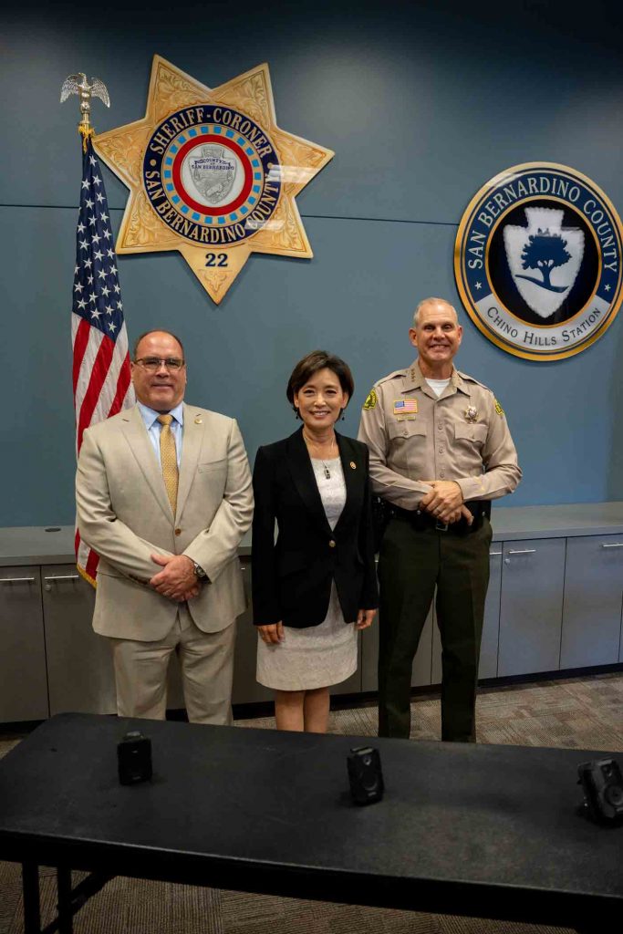 Supervisor Curt Hagman, Congresswoman Young Kim, and Sheriff Shannon Dicus at Chino Hills PD for the Body Worn Cameras Press Conference.