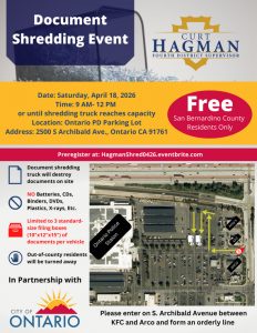 Flyer for Free Document Shredding Event on Saturday, April 18, 2026, at the Ontario PD.