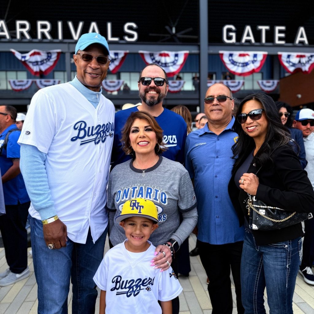 Darryl Strawberry, Asm. Robert Garcia, Asm. Michelle Rodriguez and grandson, Curt and Rossana Hagman at Ontario Tower Buzzers Opening Day.