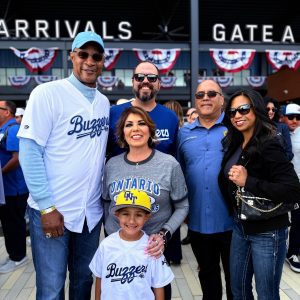 Darryl Strawberry, Asm. Robert Garcia, Asm. Michelle Rodriguez and grandson, Curt and Rossana Hagman at Ontario Tower Buzzers Opening Day.