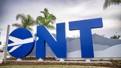 Large ONT monument sign marks the entrance to Ontario International Airport.