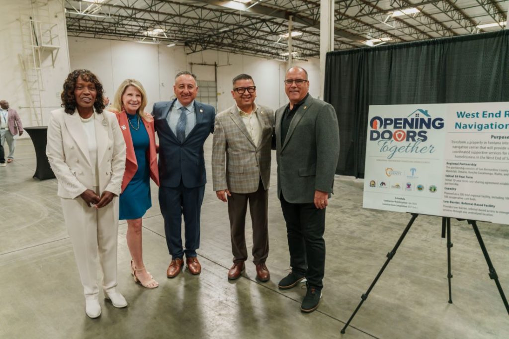 Fontana Mayor Aquanetta Warren, Chair Dawn Rowe, Vice Chair Joe Baca Jr., Supervisor Jesse Armendarez pose together at the West End Regional Navigation Center groundbreaking event.