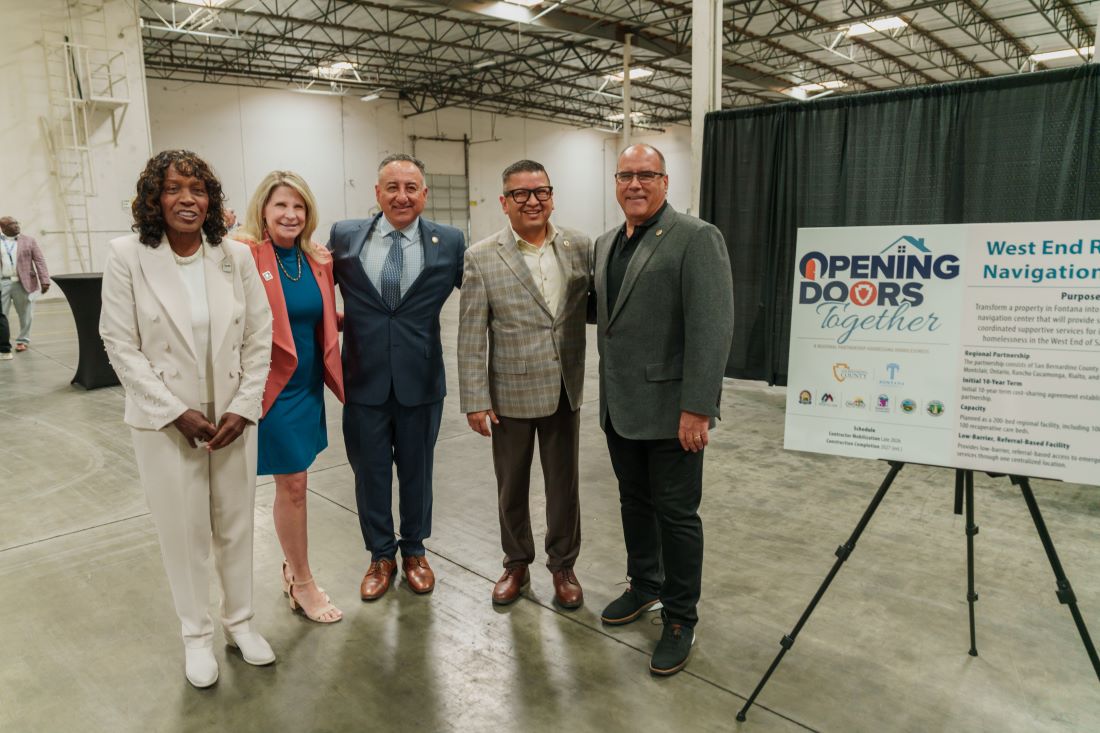 Fontana Mayor Aquanetta Warren, Chair Dawn Rowe, Vice Chair Joe Baca Jr., Supervisor Jesse Armendarez pose together at the West End Regional Navigation Center groundbreaking event.