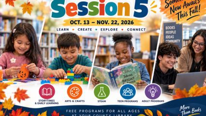 San Bernardino County Library Session 5 promotes free fall programs for all ages, including storytimes, arts and crafts, STEAM, teen and adult programs.