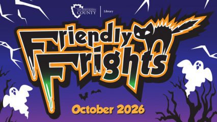 **Alt-text:** San Bernardino County Library Friendly Frights Halloween graphic featuring ghosts, bats and spooky trees for October 2026.