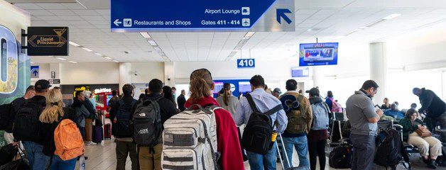 Travelers wait near Gate 410 beneath airport signs directing passengers to gates, restaurants, shops, and the lounge.