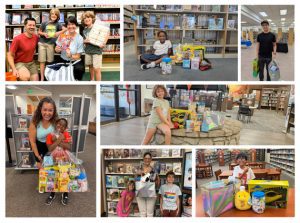 Collage of children and families at San Bernardino County libraries posing with colorful Summer Reading Program prizes.