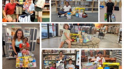 Collage of children and families at San Bernardino County libraries posing with colorful Summer Reading Program prizes.