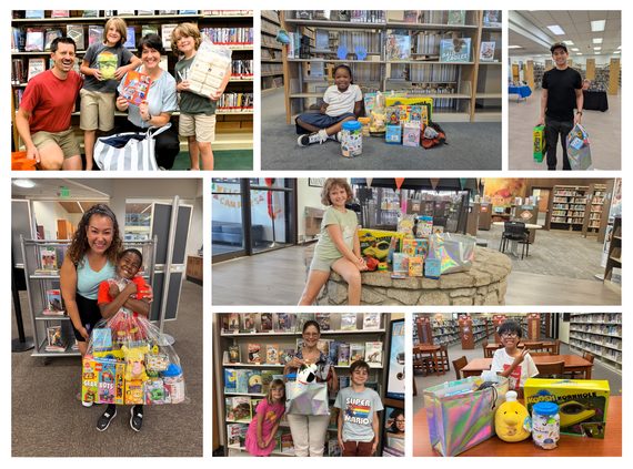 Collage of children and families at San Bernardino County libraries posing with colorful Summer Reading Program prizes.